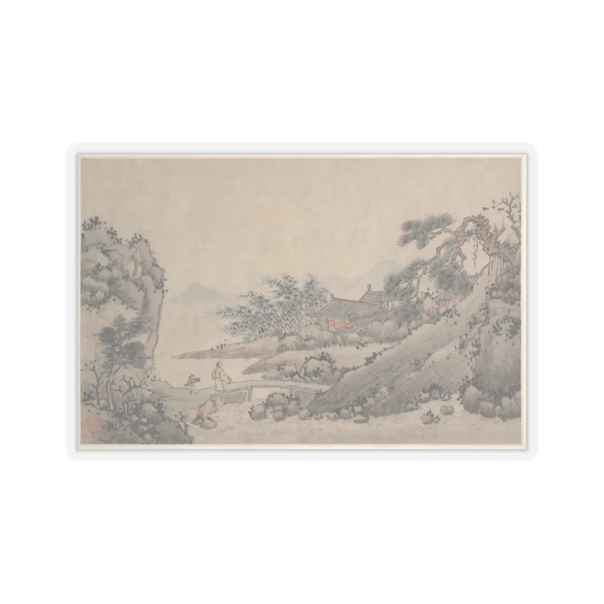 Shen Zhou - Landscape with Man Crossing Bridge - unknown - STICKER Vinyl Kiss-Cut Decal
