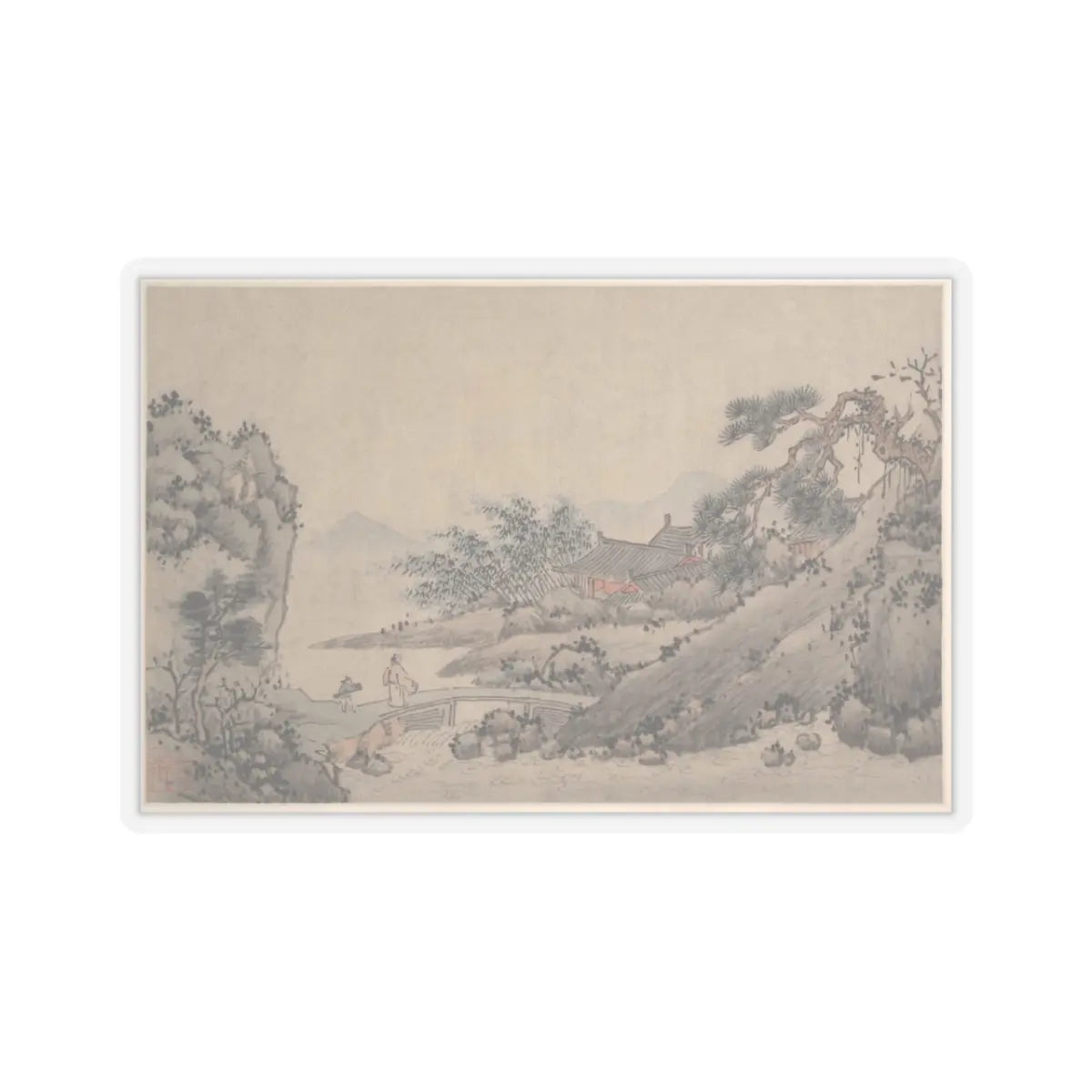 Shen Zhou - Landscape with Man Crossing Bridge - unknown - STICKER Vinyl Kiss-Cut Decal