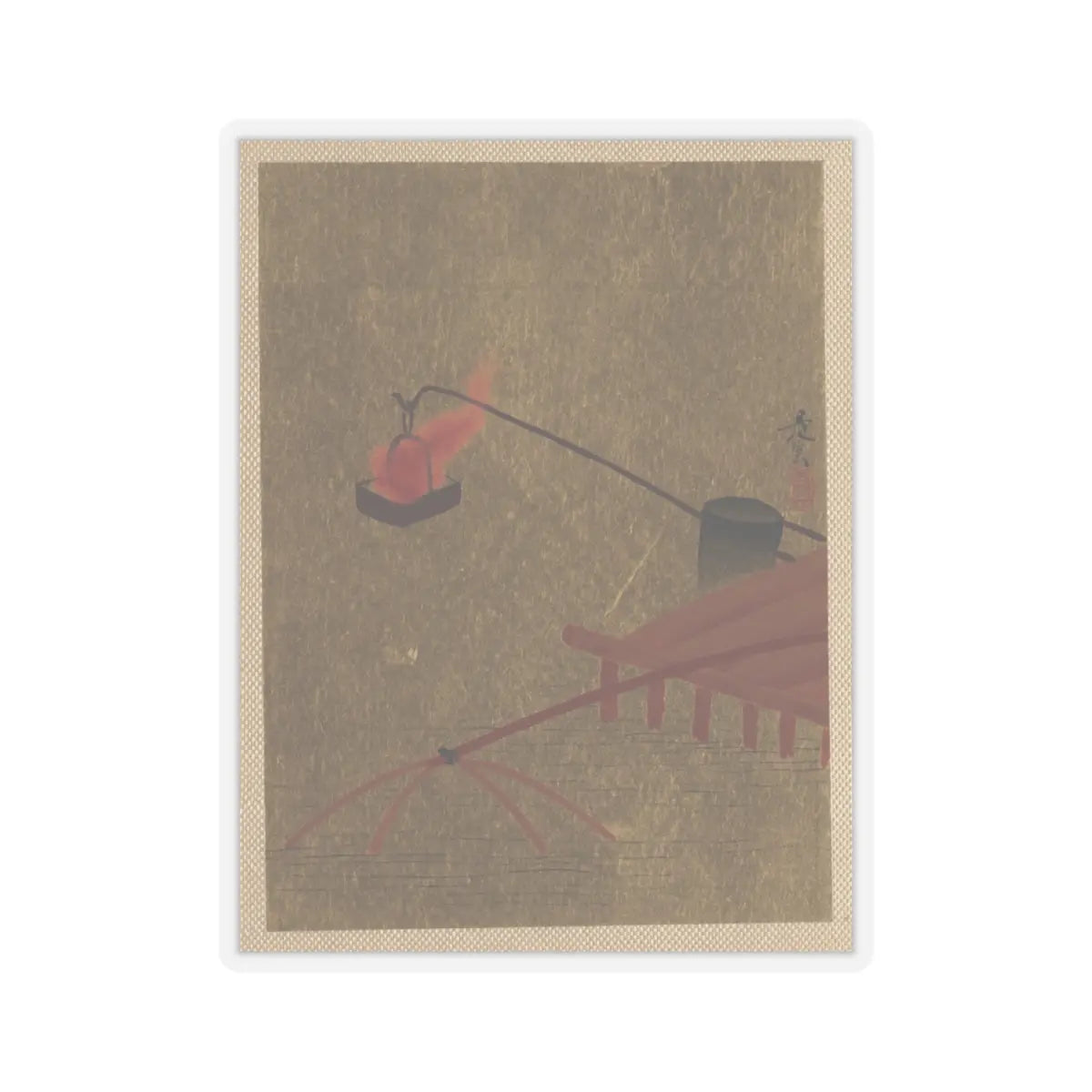 Shibata Zeshin - Fire Basket Suspended from Dock over a Fish Net in the Water - unknown - STICKER Vinyl Kiss-Cut Decal