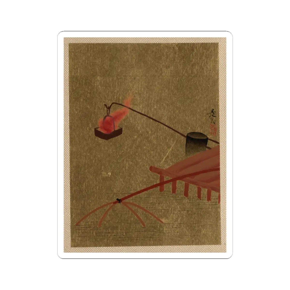Shibata Zeshin - Fire Basket Suspended from Dock over a Fish Net in the Water - unknown - STICKER Vinyl Kiss-Cut Decal