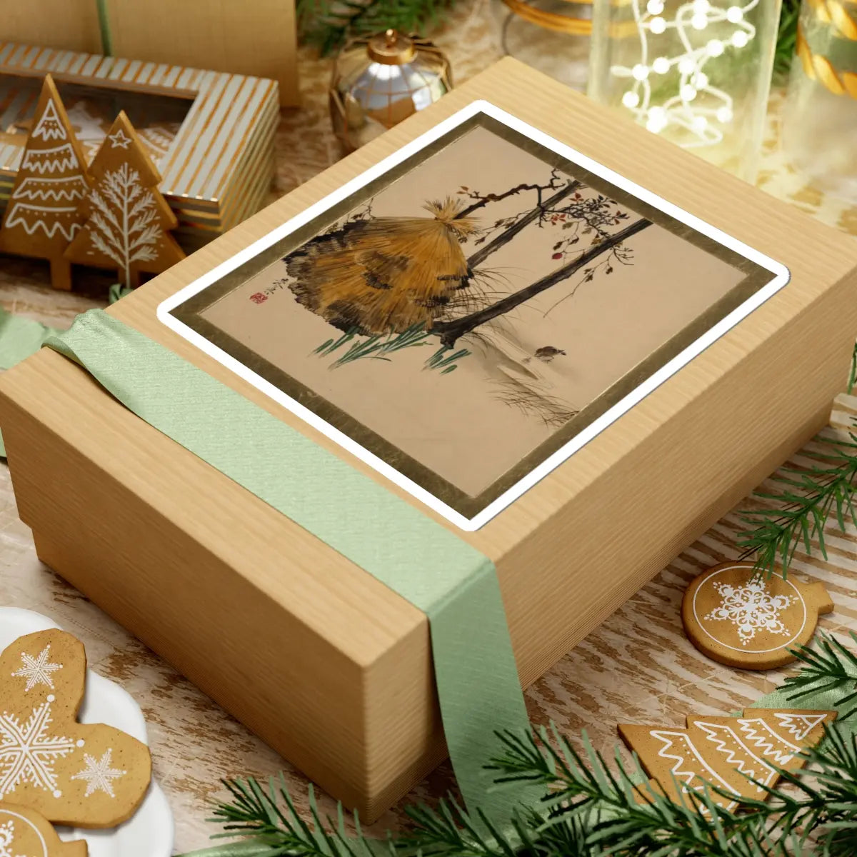 Shibata Zeshin - Lacquer Paintings of Various Subjects- Snow Shelter for a Tree with Sparrow - 1882 - STICKER Vinyl Kiss-Cut Decal