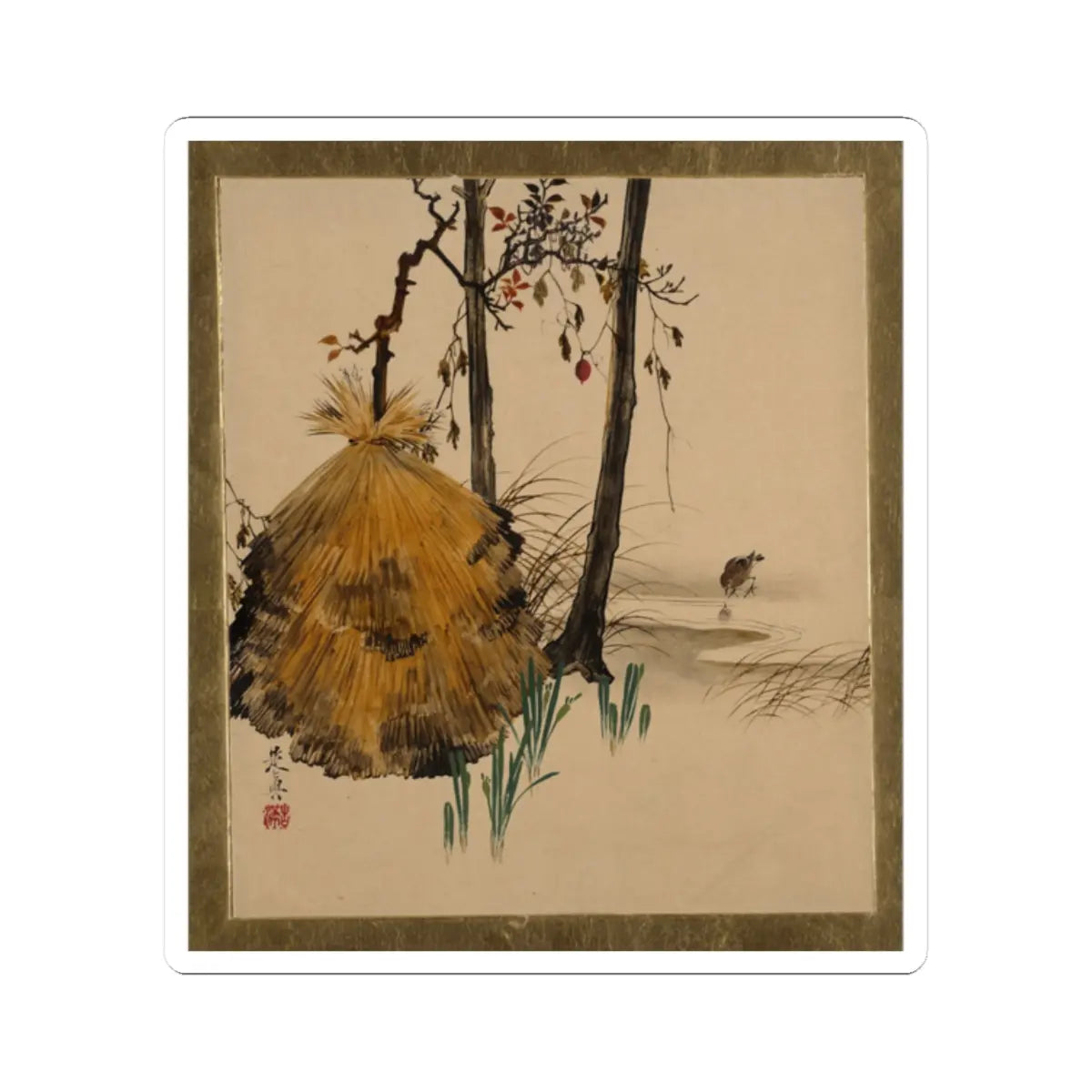 Shibata Zeshin - Lacquer Paintings of Various Subjects- Snow Shelter for a Tree with Sparrow - 1882 - STICKER Vinyl Kiss-Cut Decal