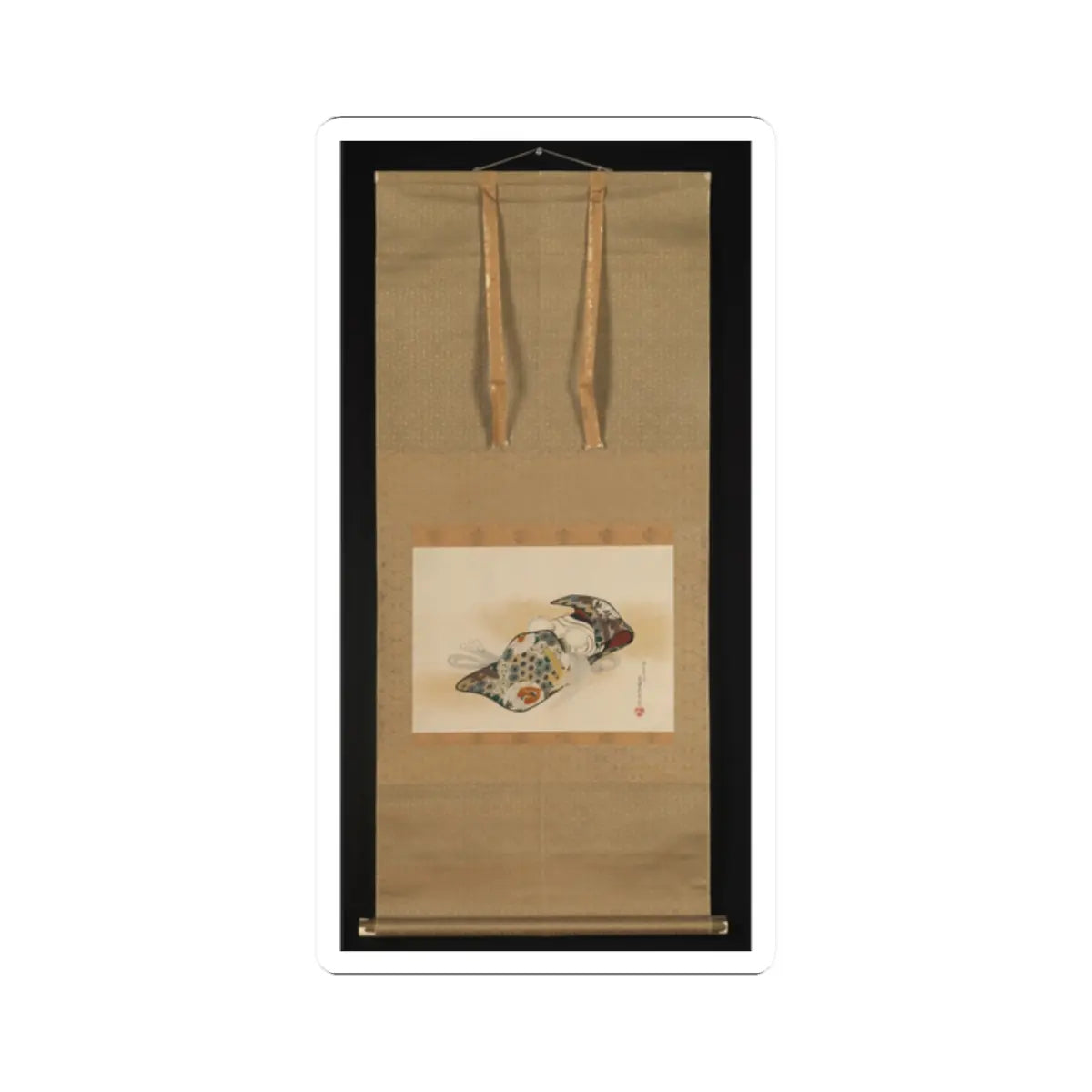 Small painting of a reclining figure in a patterned robe with a red roundel, set in a gold brocade hanging scroll.