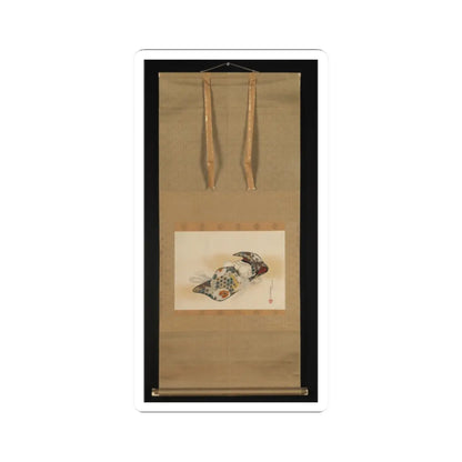 Small painting of a reclining figure in a patterned robe with a red roundel, set in a gold brocade hanging scroll.