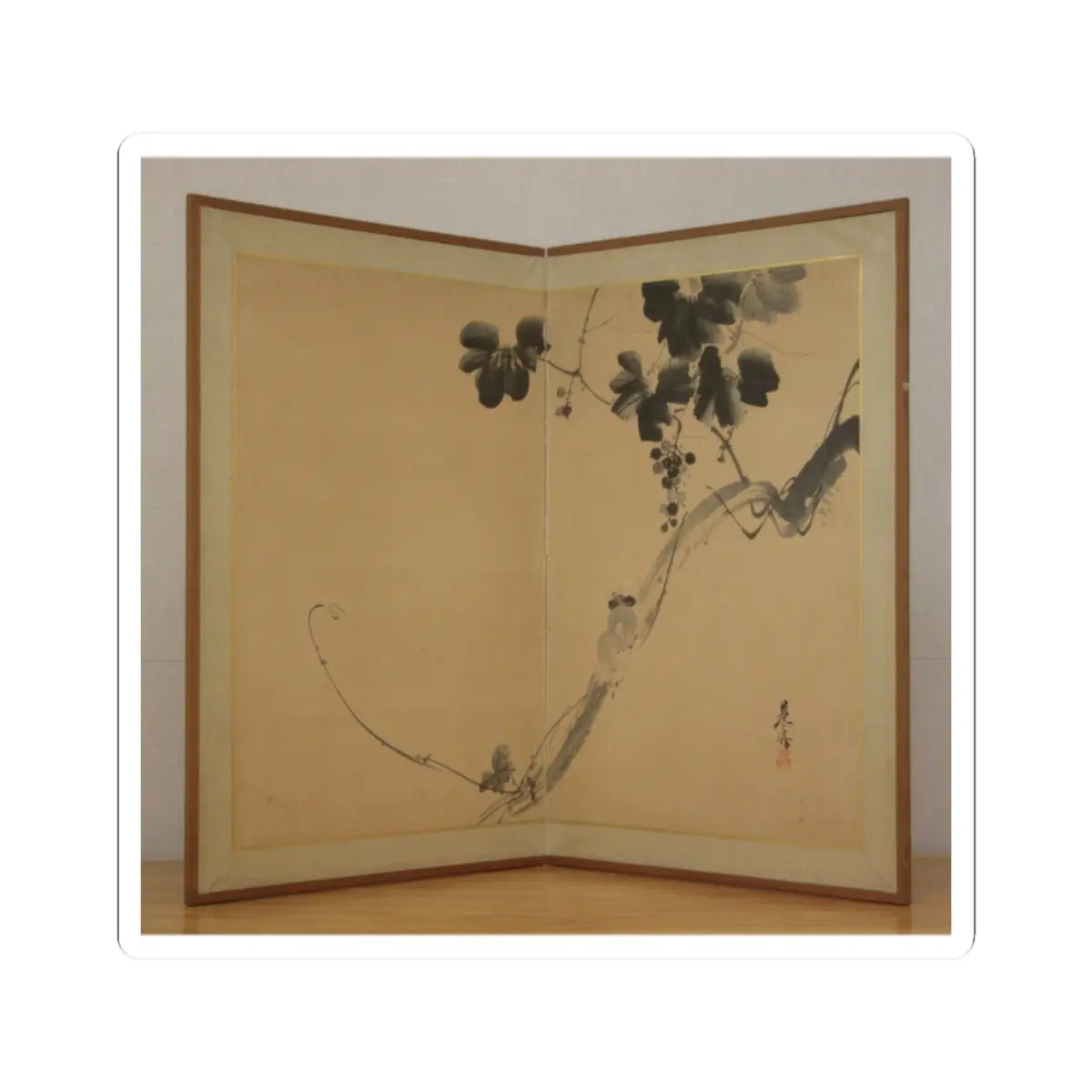 Ink painting of a grapevine with dark lobed leaves, grape clusters and curling tendrils on a two-panel screen.