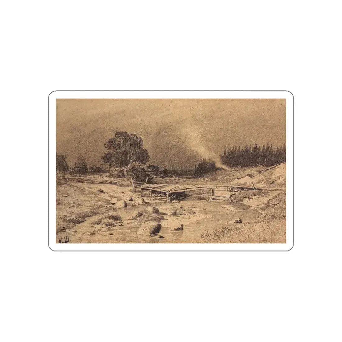 SHISKIN, Ivan Ivanovich - Bridge over the stream. 1870 (Artwork) STICKER Vinyl Die-Cut Decal White Die-Cut 3 Inch - The Sticker Space