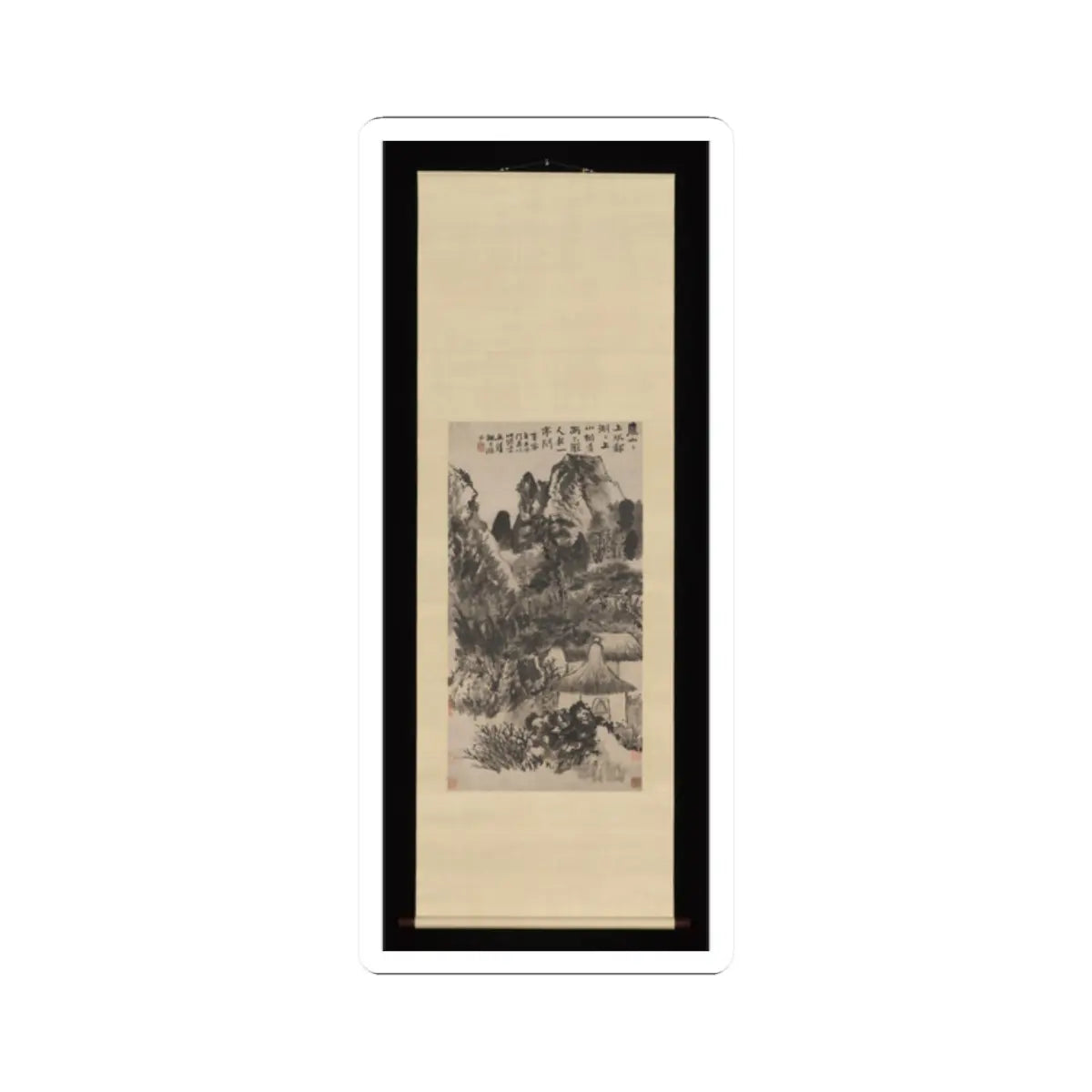 Ink-wash landscape of steep mountains and pines, with a thatched pavilion beside a lake and red seal stamps.