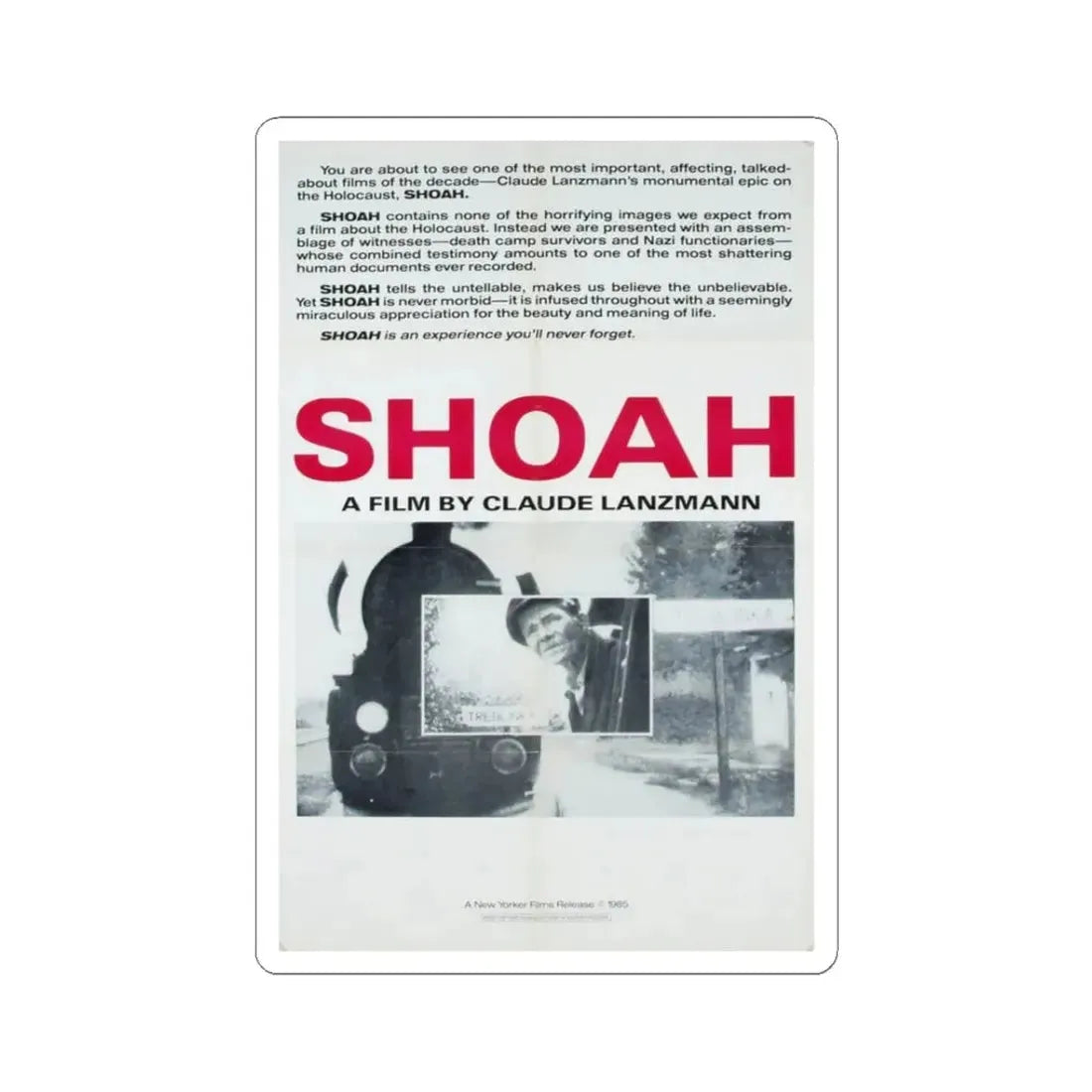 Shoah 1985 Movie Poster - STICKER Vinyl Kiss-Cut Decal 3 Inch White - The Sticker Space