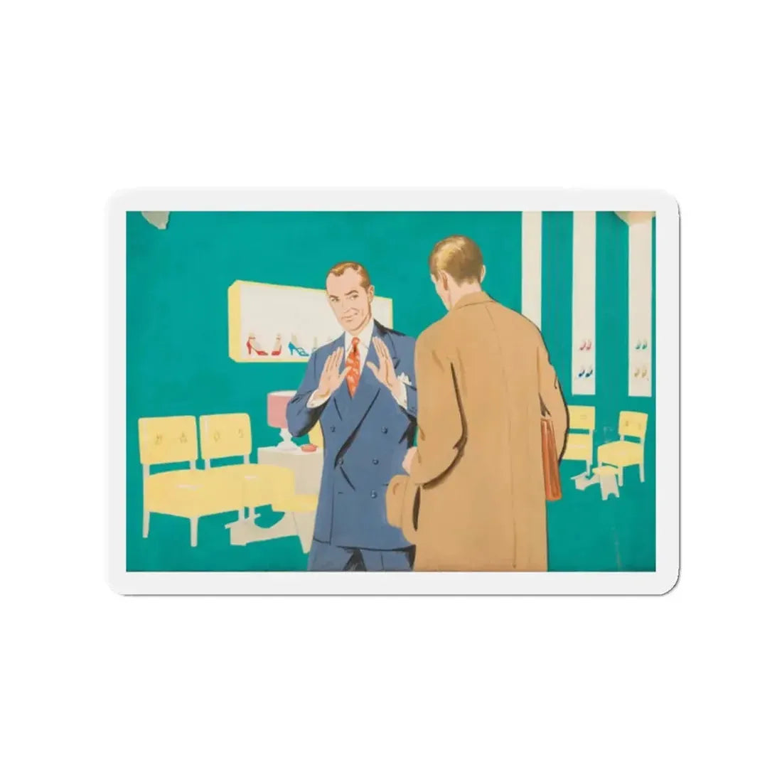 Shoe Salesman Illustration (Magazine Illustration) Refrigerator Magnet 2 Inch Die-Cut - The Sticker Space