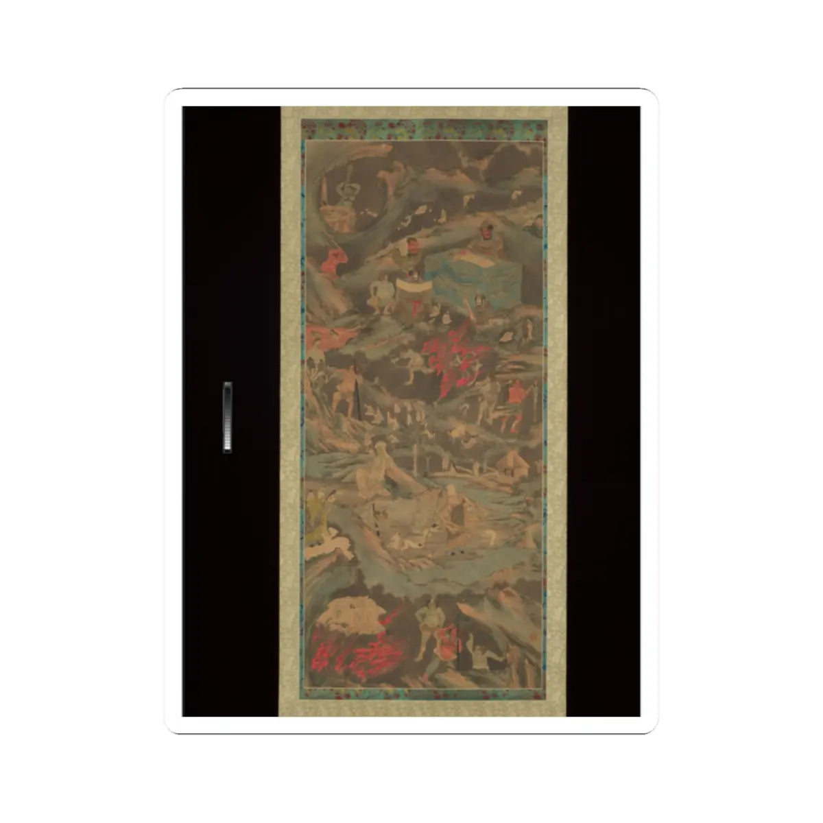 Tall hanging scroll of a crowded Buddhist afterlife scene with a robed judge, demons and red flames among rocky hills.
