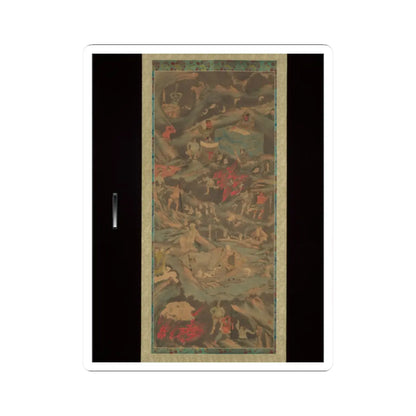 Tall hanging scroll of a crowded Buddhist afterlife scene with a robed judge, demons and red flames among rocky hills.