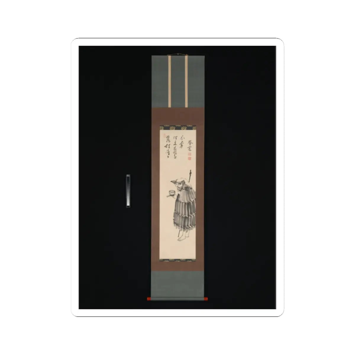 Hanging scroll with an ink sketch of a wandering monk in a layered cape and conical hat, holding a bowl and staff.