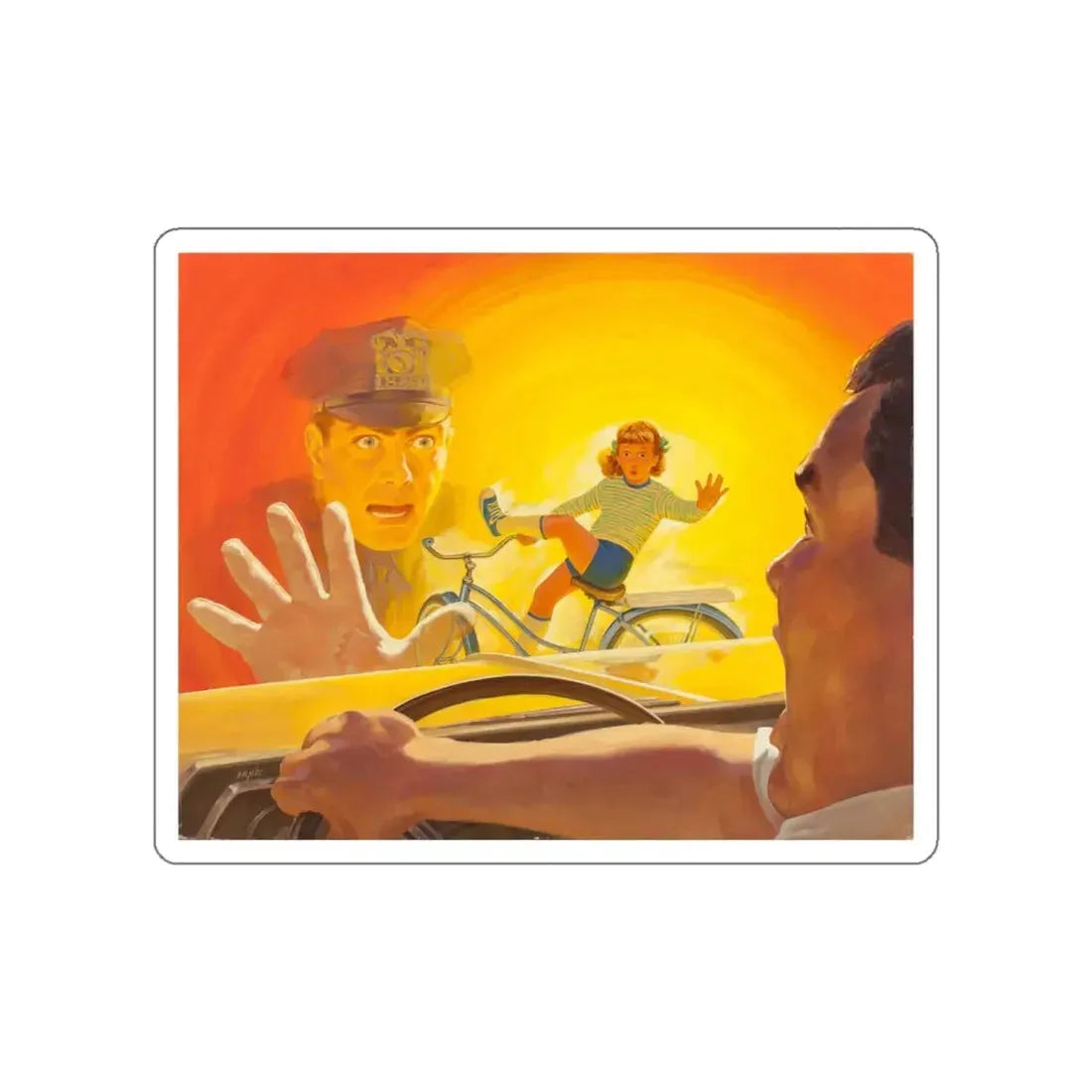 Slow Down!, safety poster illustration, 1970 (Magazine Illustration) STICKER Vinyl Die-Cut Decal White Die-Cut 4 Inch - The Sticker Space