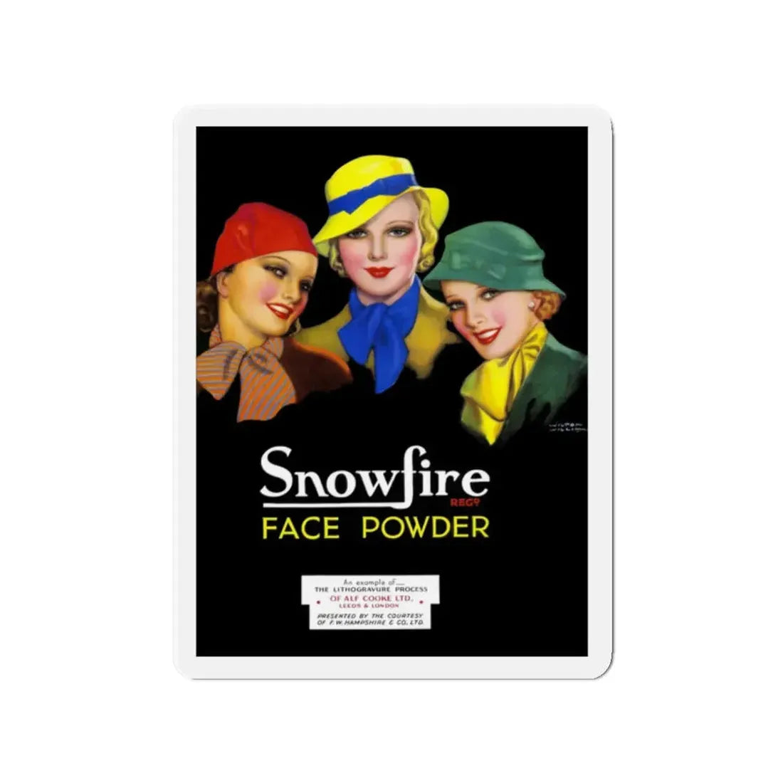 Snowfire Face Powder advertisement, c. 1936 (Magazine Illustration) Refrigerator Magnet 2 Inch Die-Cut - The Sticker Space