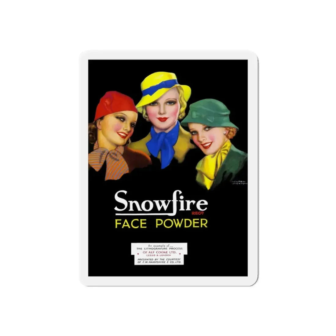 Snowfire Face Powder advertisement, c. 1936 (Magazine Illustration) Refrigerator Magnet 3 Inch Die-Cut - The Sticker Space