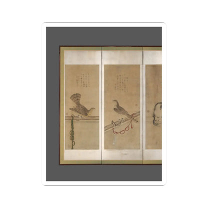 Folding screen panels showing hawks on perches with red and green falconry cords, beside handwritten calligraphy.