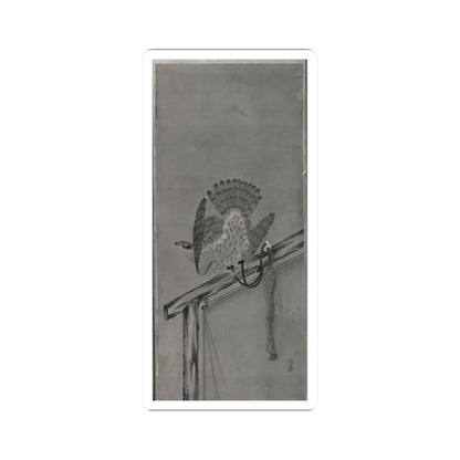 Grey monochrome view of a painted falcon with spread tail on a wooden perch, with a cord and tassel beside it.
