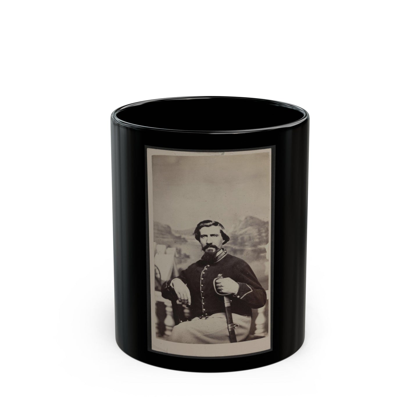 Soldier Named Halsey In Union Uniform With Sword In Front Of Painted Backdrop (U.S. Civil War) Black Coffee Mug-11oz-The Sticker Space