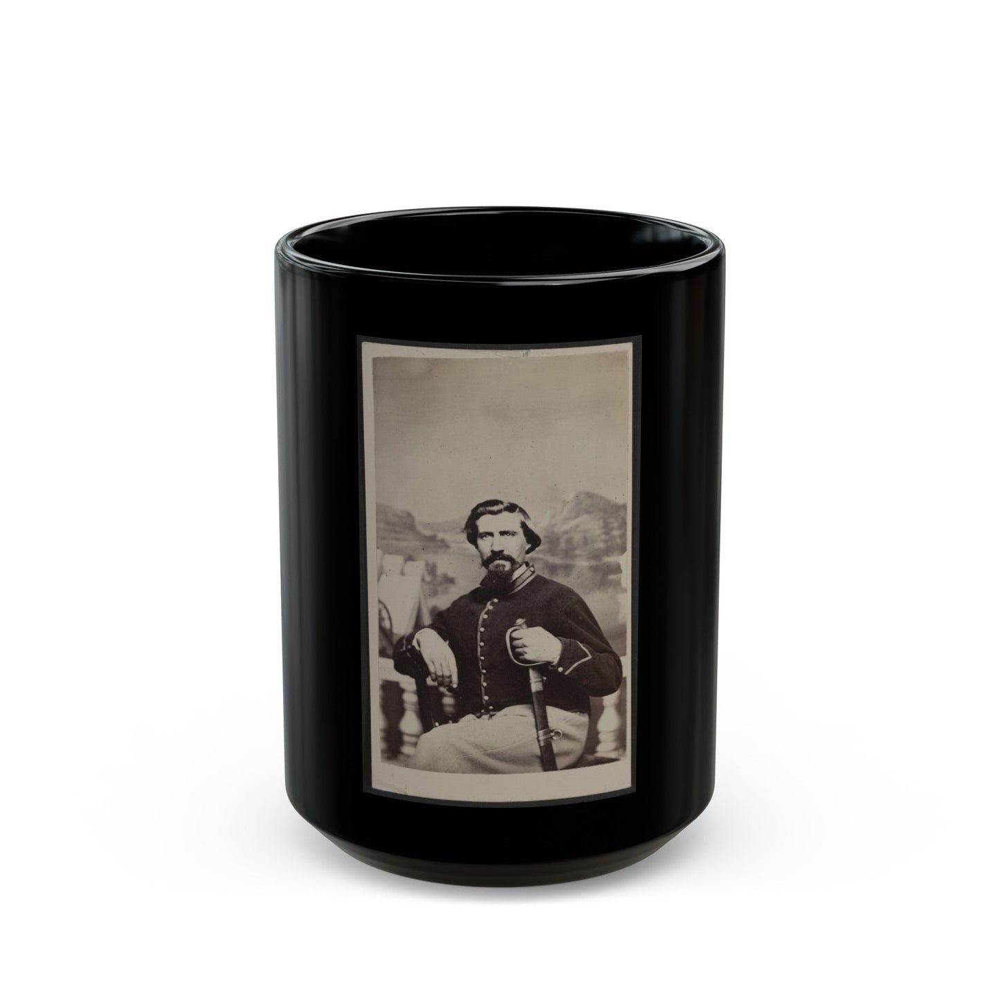 Soldier Named Halsey In Union Uniform With Sword In Front Of Painted Backdrop (U.S. Civil War) Black Coffee Mug-15oz-The Sticker Space