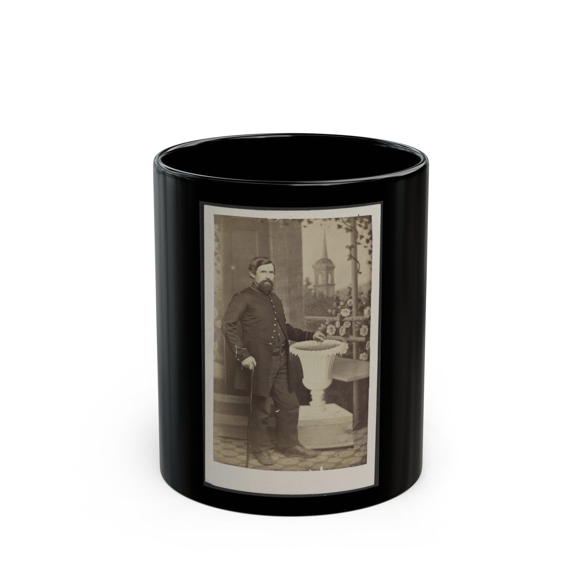 Soldier Named Russell In Uniform With Cane And Prop In Front Of Painted Backdrop (U.S. Civil War) Black Coffee Mug-11oz-The Sticker Space