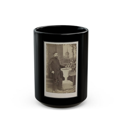 Soldier Named Russell In Uniform With Cane And Prop In Front Of Painted Backdrop (U.S. Civil War) Black Coffee Mug-15oz-The Sticker Space