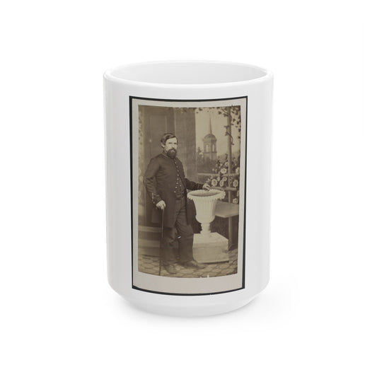 Soldier Named Russell In Uniform With Cane And Prop In Front Of Painted Backdrop (U.S. Civil War) White Coffee Mug-15oz-The Sticker Space