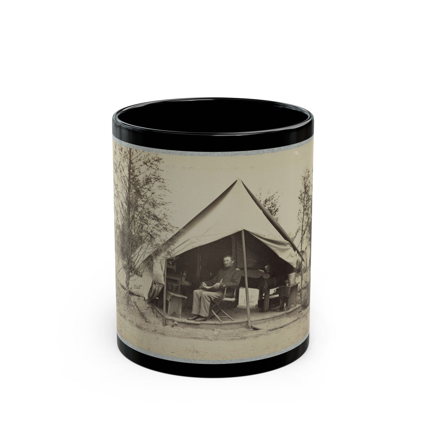 Soldier Sitting Inside His Tent (U.S. Civil War) Black Coffee Mug-11oz-The Sticker Space