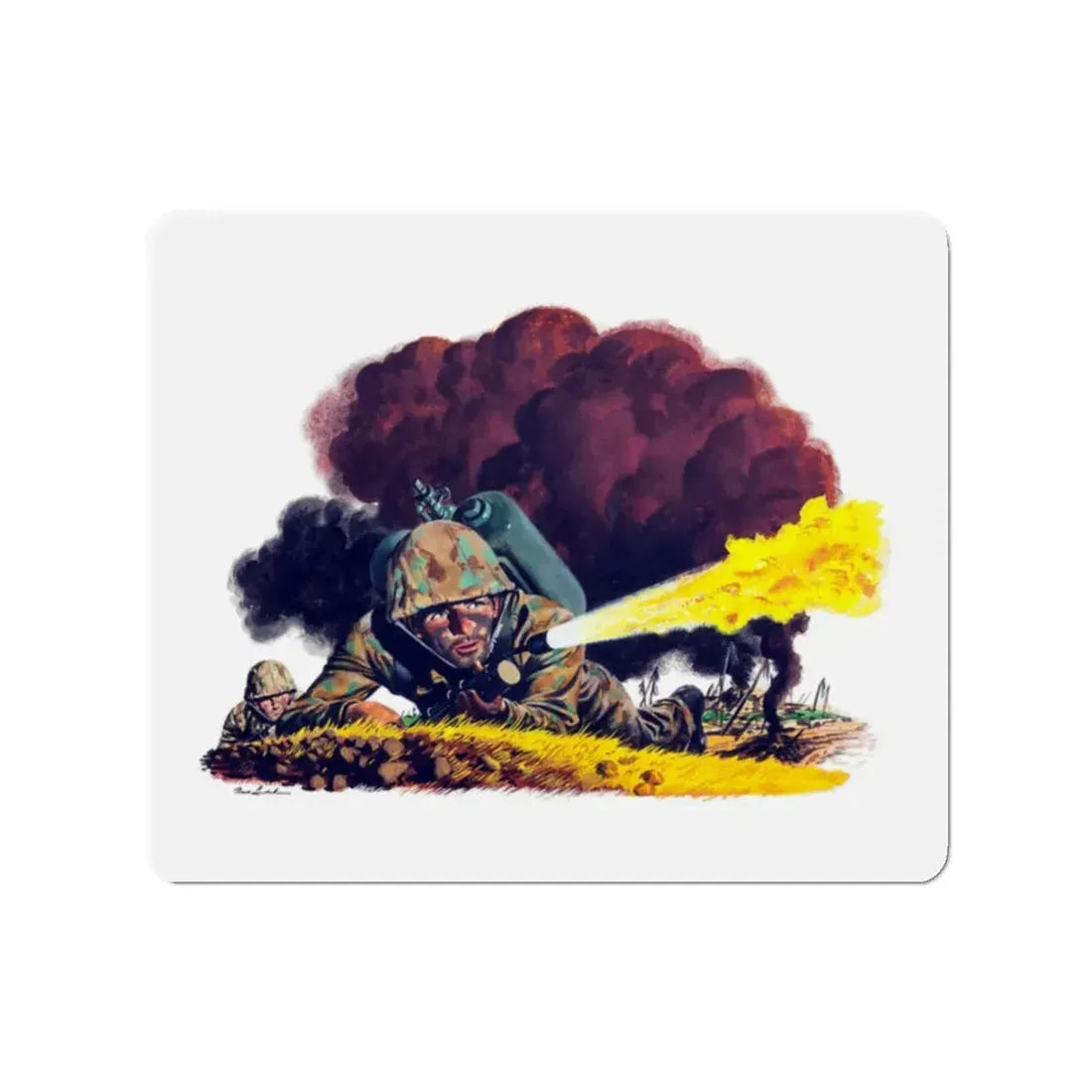 Soldier with Flamethrower, Nash-Kelvinator advertisement art, 1944 (Magazine Illustration) Refrigerator Magnet 2 Inch Die-Cut - The Sticker Space
