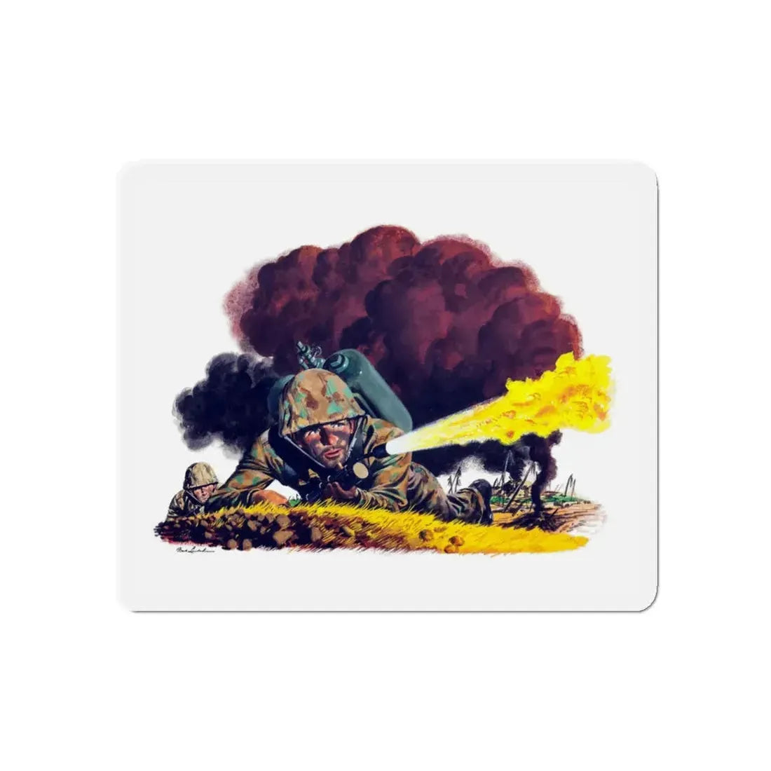 Soldier with Flamethrower, Nash-Kelvinator advertisement art, 1944 (Magazine Illustration) Refrigerator Magnet 3 Inch Die-Cut - The Sticker Space