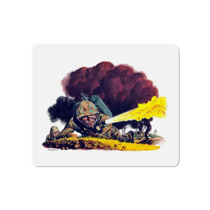 Soldier with Flamethrower, Nash-Kelvinator advertisement art, 1944 (Magazine Illustration) Refrigerator Magnet 3 Inch Die-Cut - The Sticker Space