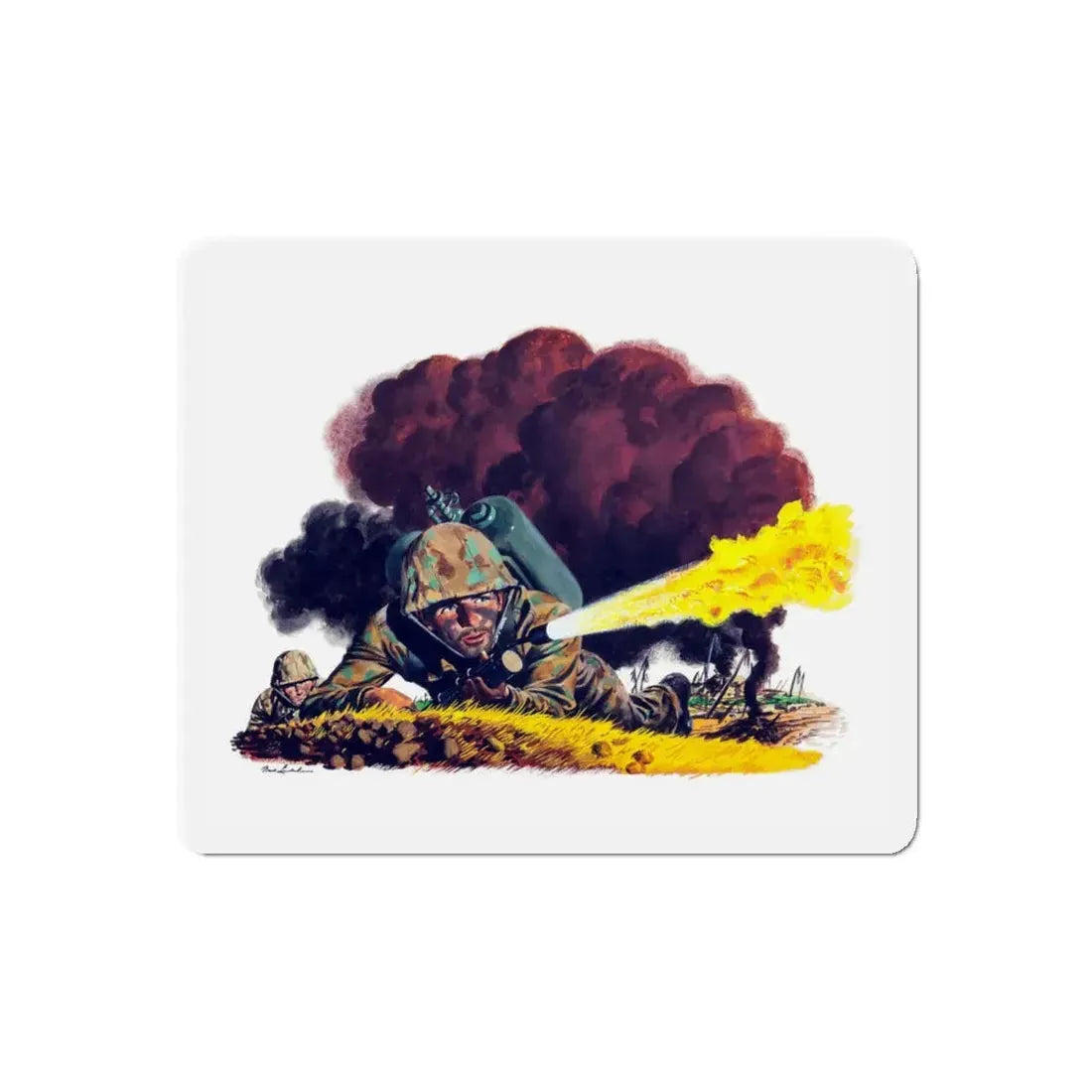 Soldier with Flamethrower, Nash-Kelvinator advertisement art, 1944 (Magazine Illustration) Refrigerator Magnet 5 Inch Die-Cut - The Sticker Space