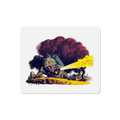 Soldier with Flamethrower, Nash-Kelvinator advertisement art, 1944 (Magazine Illustration) Refrigerator Magnet 6 Inch Die-Cut - The Sticker Space