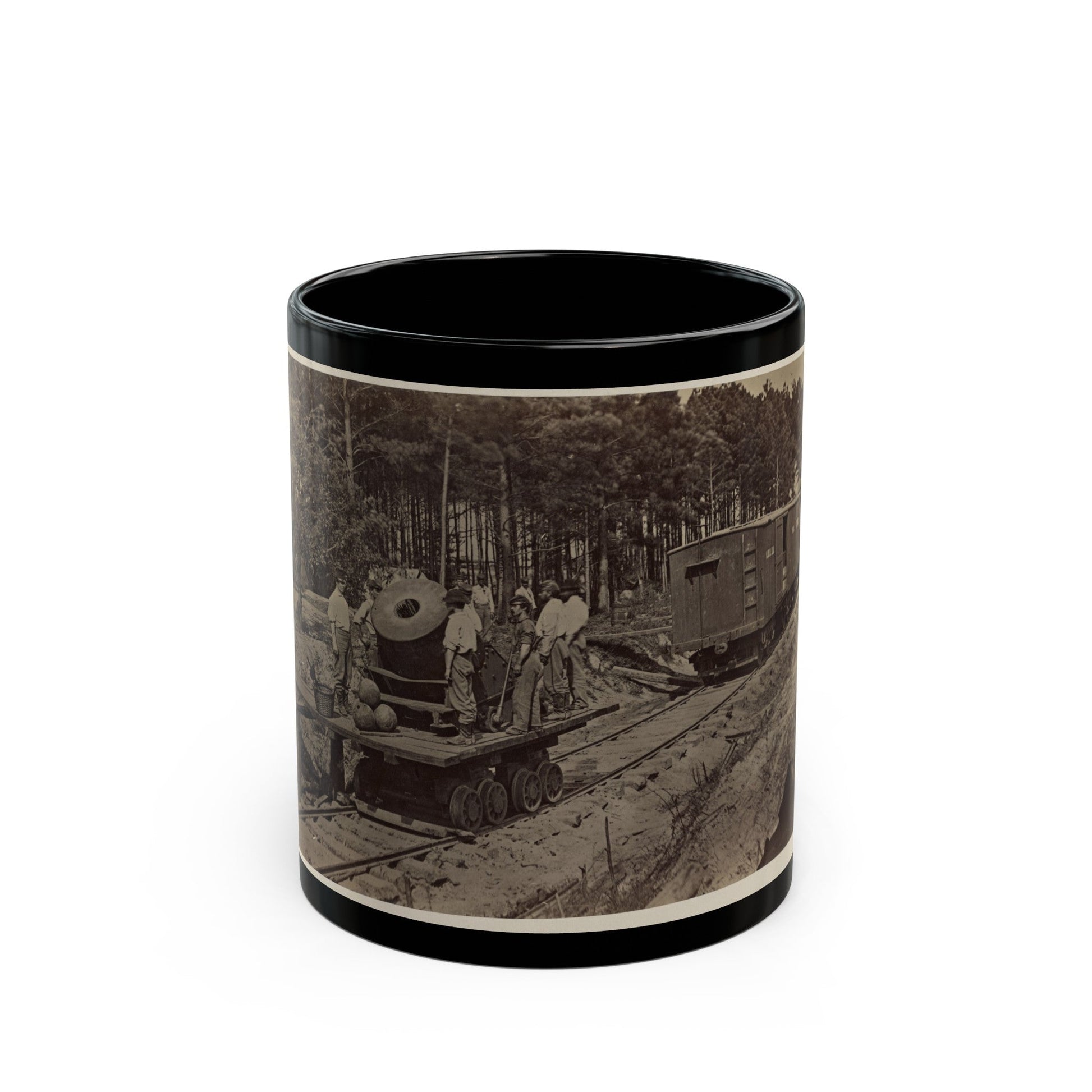 Soldiers With Cannon On Small Railroad Car (U.S. Civil War) Black Coffee Mug-11oz-The Sticker Space