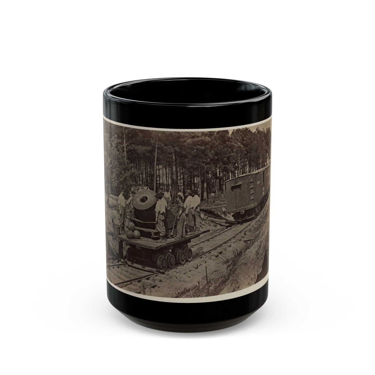 Soldiers With Cannon On Small Railroad Car (U.S. Civil War) Black Coffee Mug-15oz-The Sticker Space