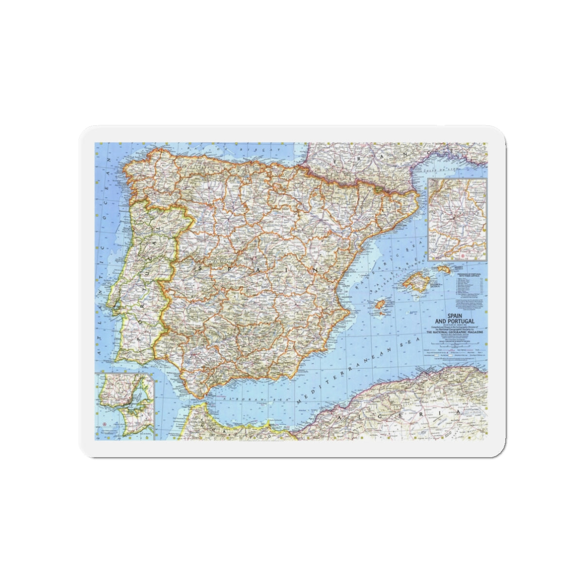 Spain and Portugal (1965) (Map) Refrigerator Magnet-3" x 3"-The Sticker Space