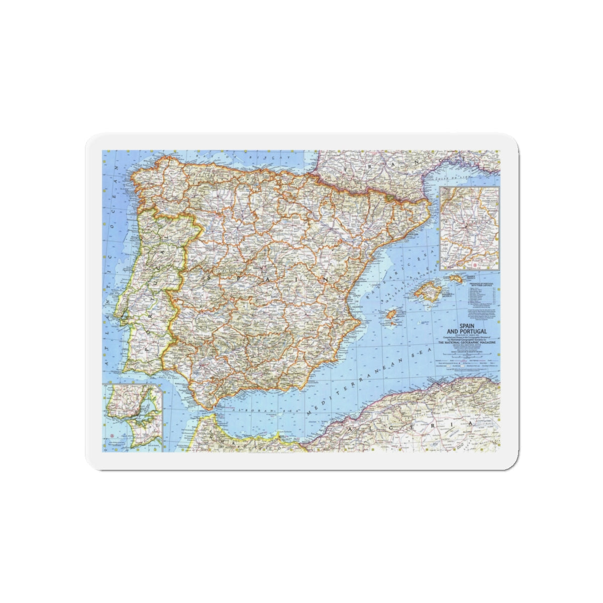 Spain and Portugal (1965) (Map) Refrigerator Magnet-4" x 4"-The Sticker Space