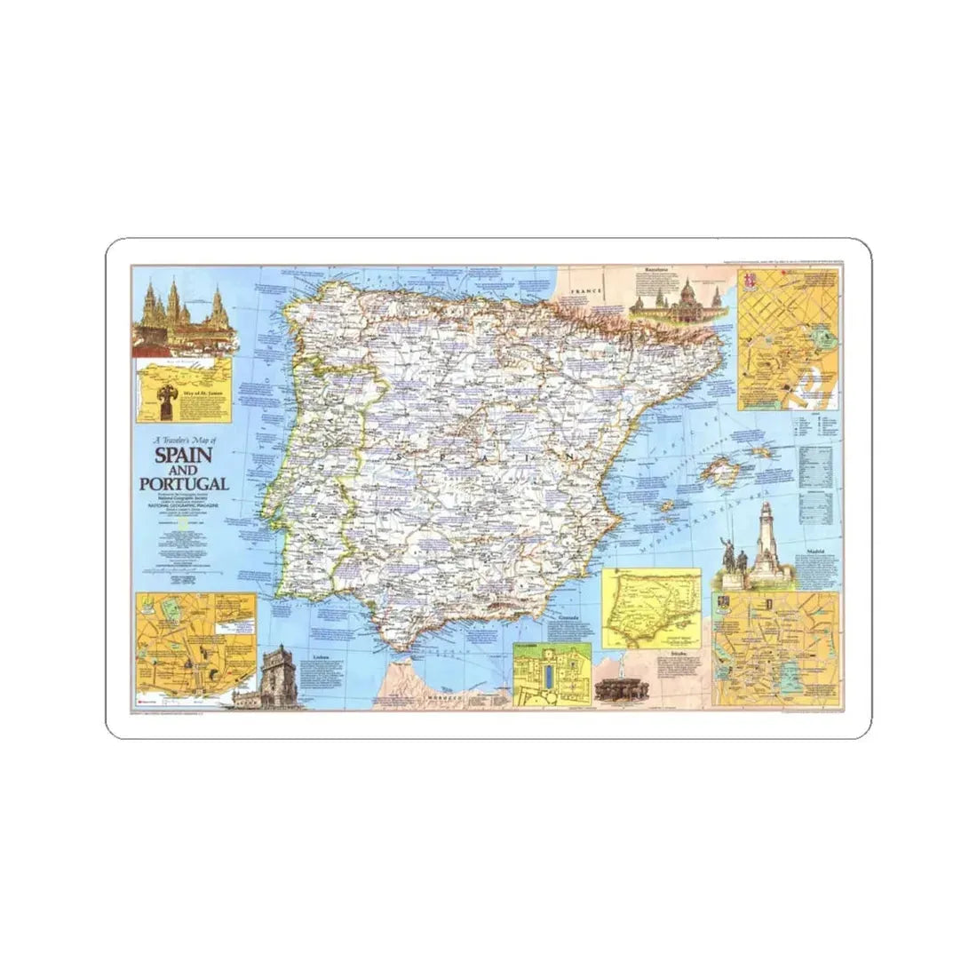 Spain and Portugal - A Traveller's Map 1 (1984) (Map) STICKER Vinyl Kiss-Cut Decal 4 Inch White - The Sticker Space
