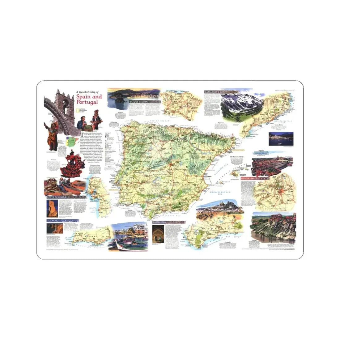 Spain and Portugal - A Traveller's Map (1998) (Map) STICKER Vinyl Kiss-Cut Decal 4 Inch White - The Sticker Space