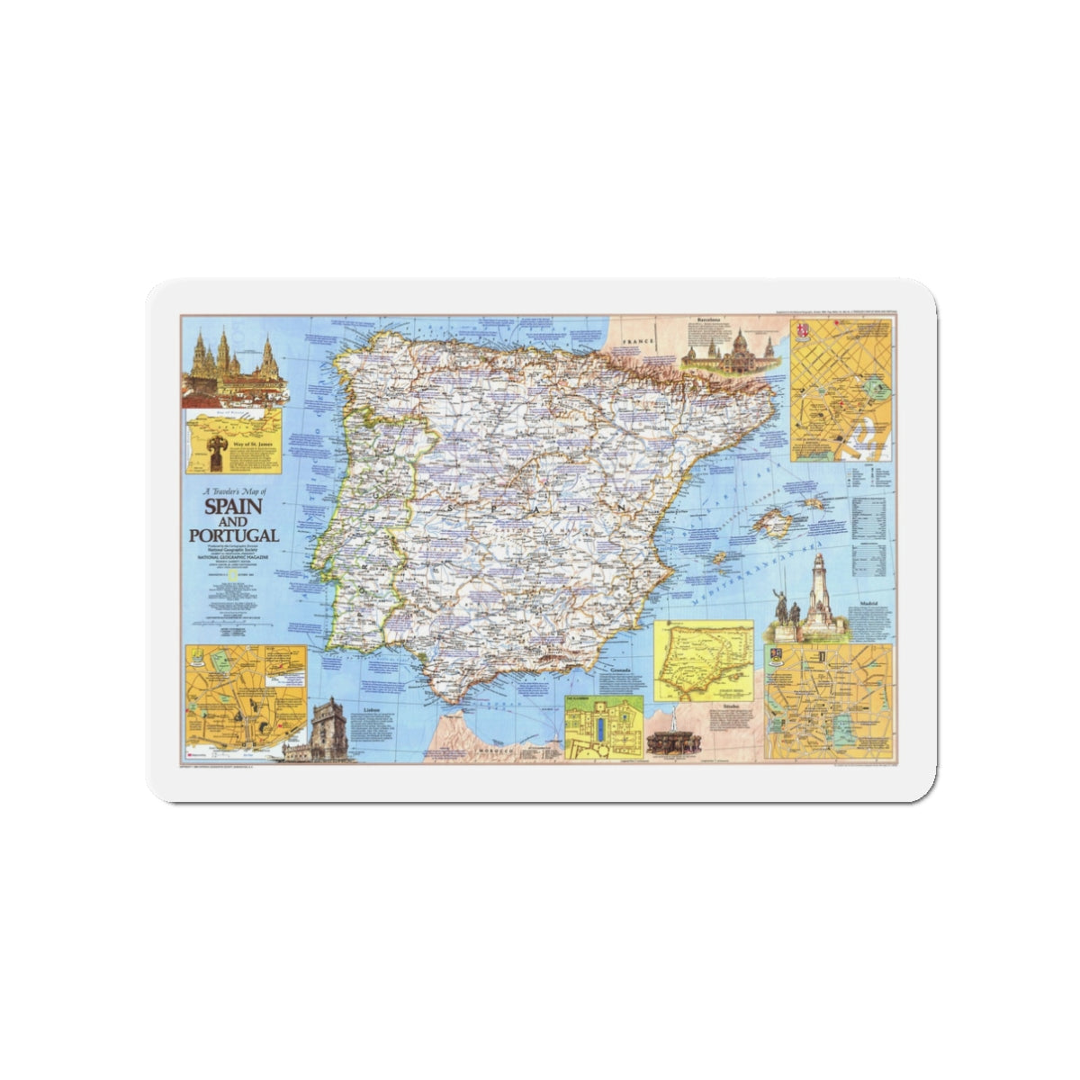 Spain and Portugal - A Traveller's Map 1 (1984) (Map) Refrigerator Magnet-3" x 3"-The Sticker Space