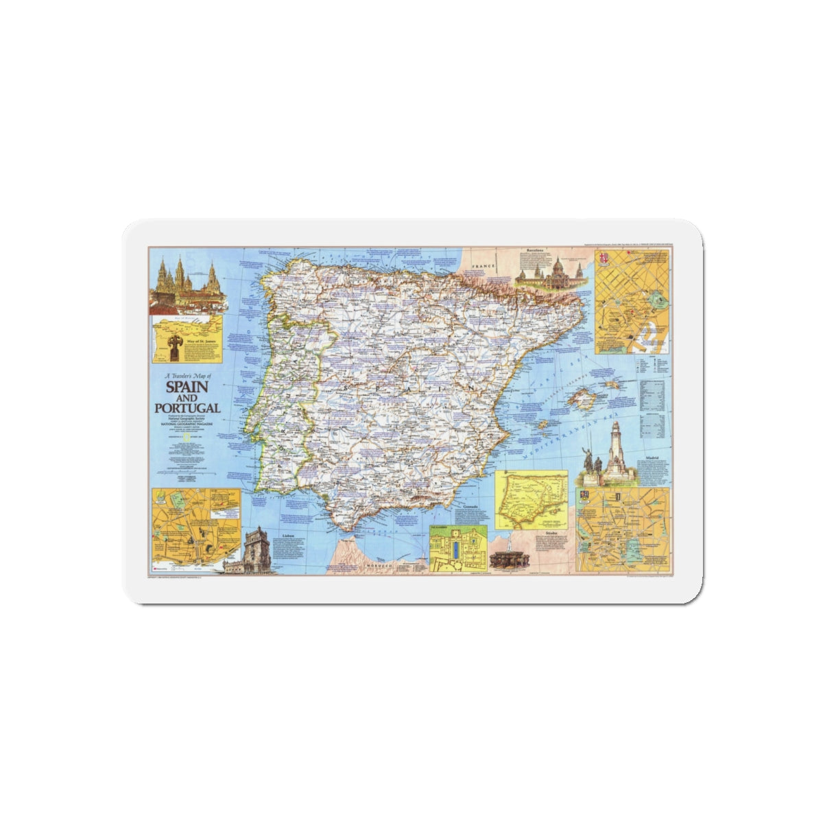 Spain and Portugal - A Traveller's Map 1 (1984) (Map) Refrigerator Magnet-5" x 5"-The Sticker Space