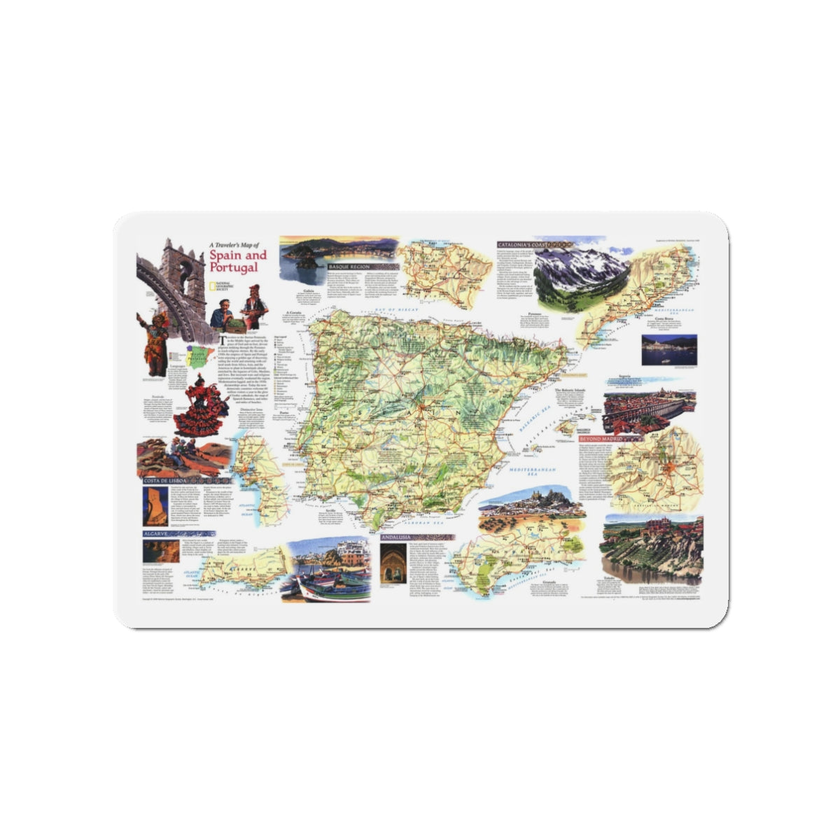 Spain and Portugal - A Traveller's Map (1998) (Map) Refrigerator Magnet-3" x 3"-The Sticker Space