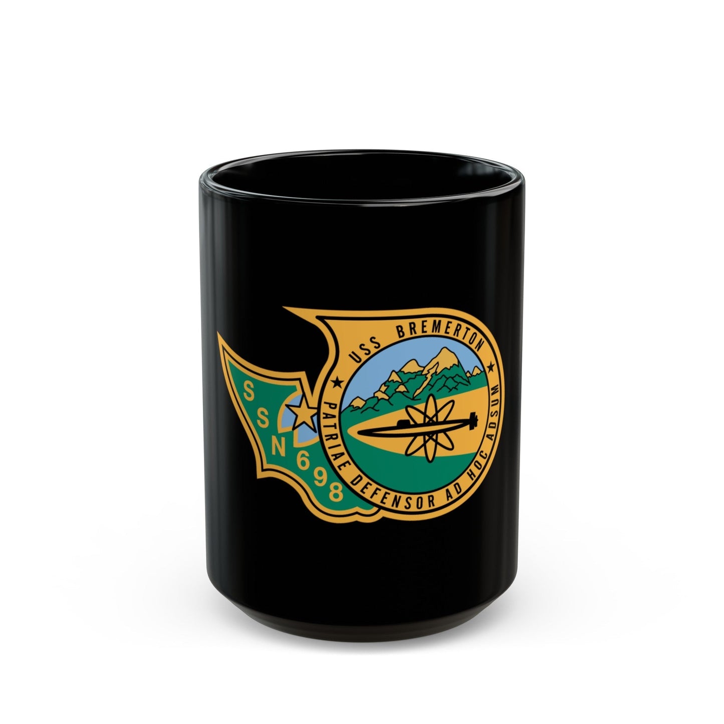 SSN 698 USS Bremerton Patriae Defensor AD Hoc Adsum (U.S. Navy) Black Coffee Mug-15oz-The Sticker Space