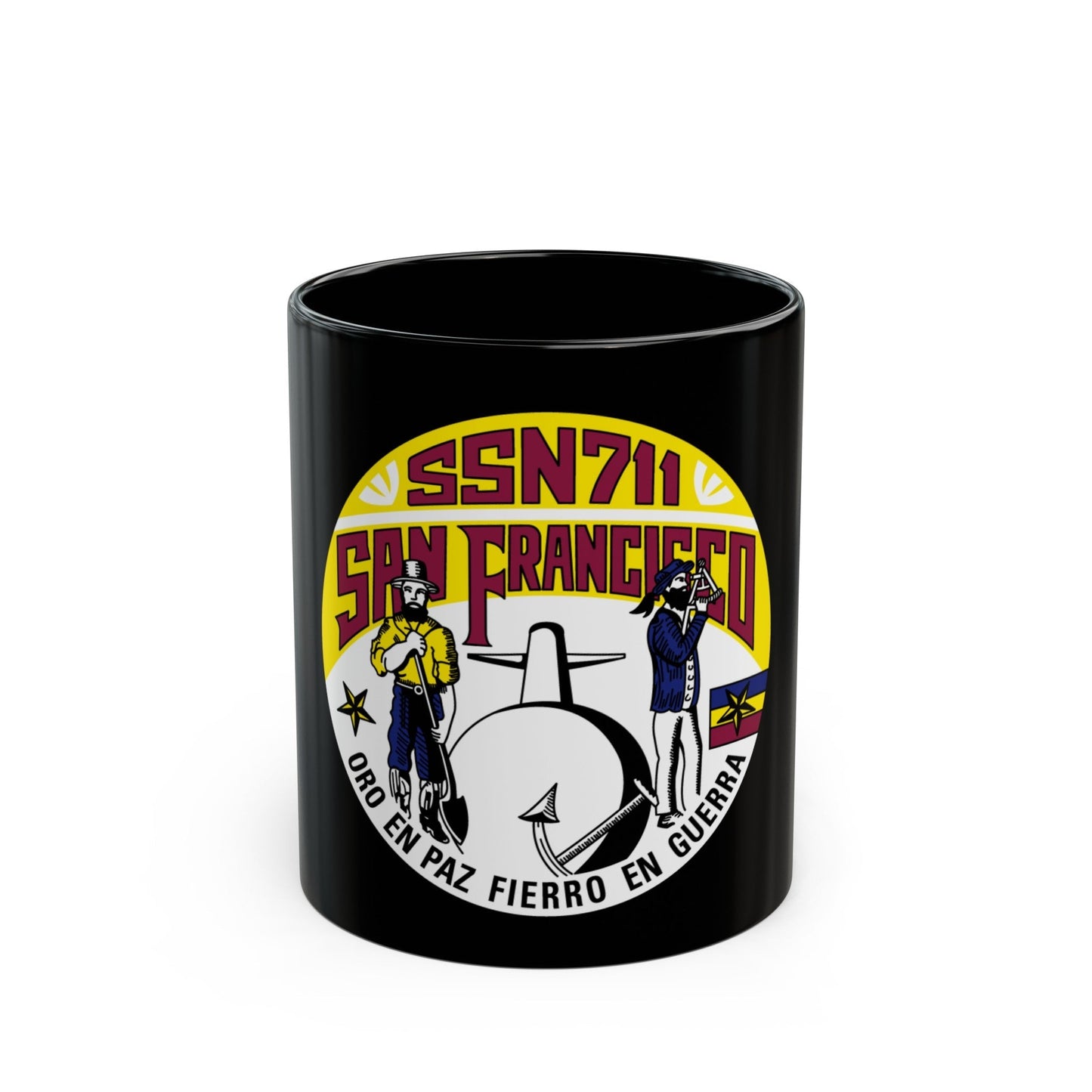 SSN711 San Francisco Oro En Paz Fierro En Guerra (U.S. Navy) Black Coffee Mug-11oz-The Sticker Space