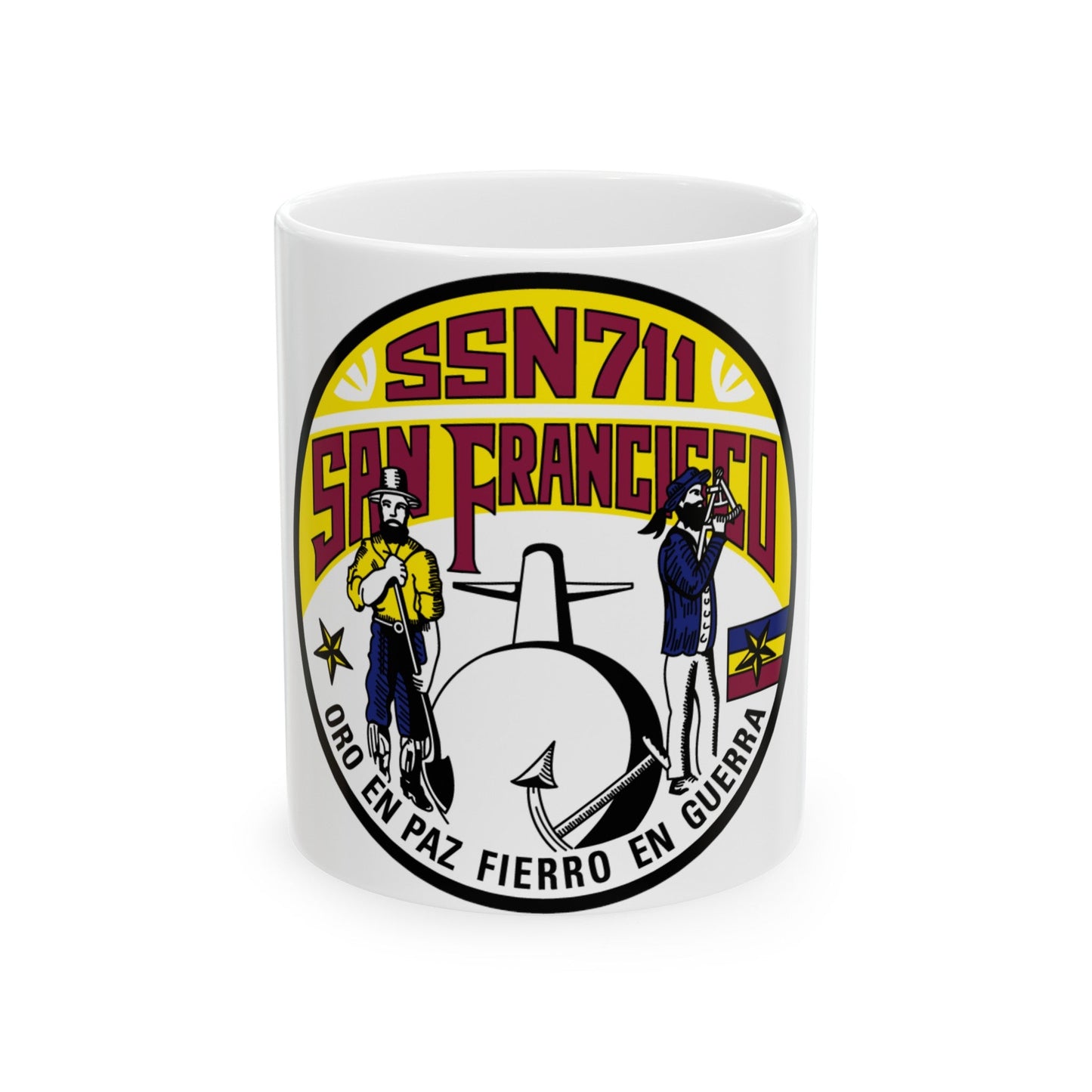 SSN711 San Francisco Oro En Paz Fierro En Guerra (U.S. Navy) White Coffee Mug-11oz-The Sticker Space