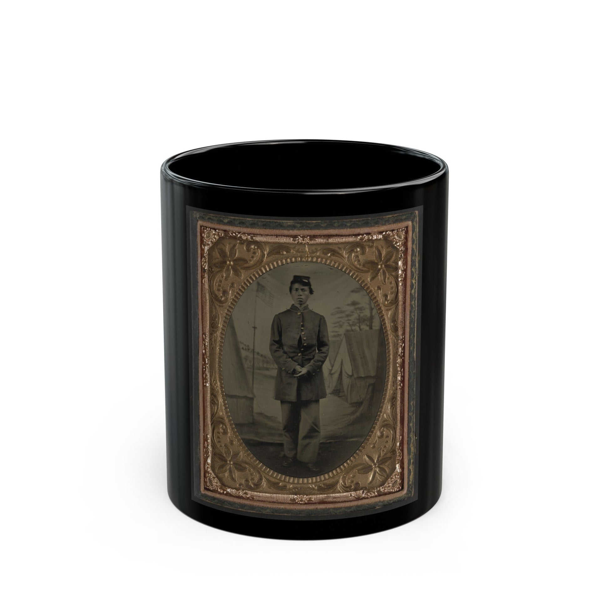 Standing Soldier, Frock Coat, Kepi, Painted Background, Dirt Floor, Done By Traveling Camp Photographer (U.S. Civil War) Black Coffee Mug-11oz-The Sticker Space