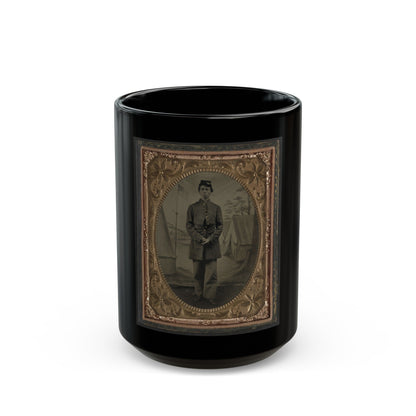 Standing Soldier, Frock Coat, Kepi, Painted Background, Dirt Floor, Done By Traveling Camp Photographer (U.S. Civil War) Black Coffee Mug-15oz-The Sticker Space