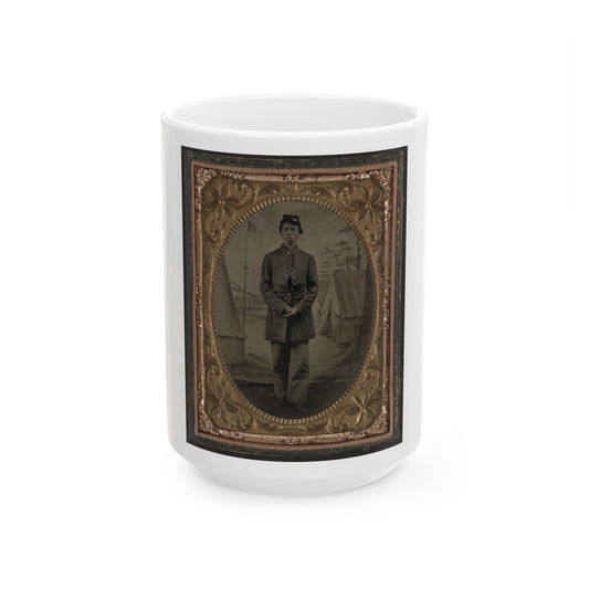 Standing Soldier, Frock Coat, Kepi, Painted Background, Dirt Floor, Done By Traveling Camp Photographer (U.S. Civil War) White Coffee Mug-15oz-The Sticker Space