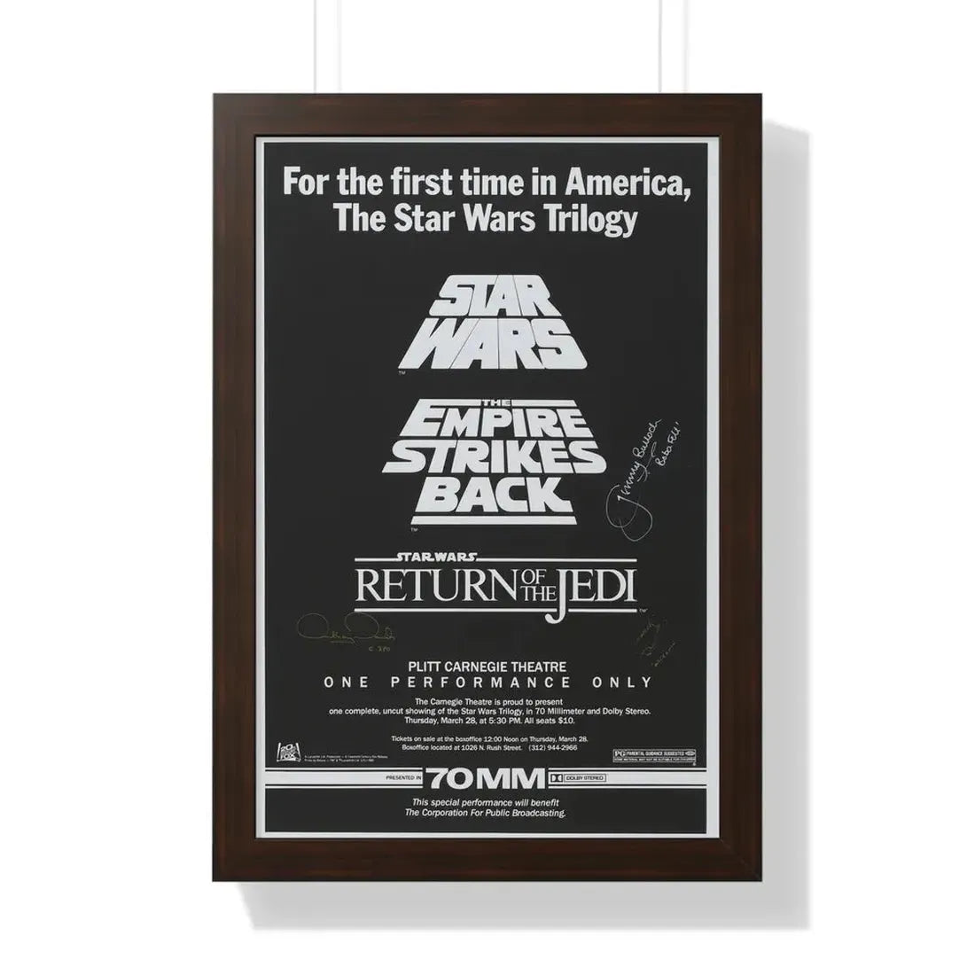 STAR WARS TRILOGY 70MM 1977 - Framed Movie Poster 16″ x 24″ Walnut - The Sticker Space