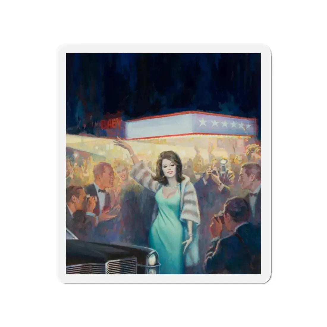 Starlet by Car in Front of Theater, story illustration (Magazine Illustration) Refrigerator Magnet 2 Inch Die-Cut - The Sticker Space