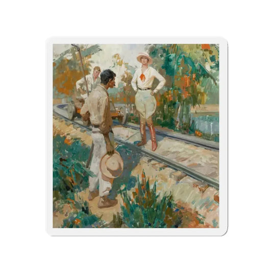 Stopped on the Tracks, story illustration, 1927 (Magazine Illustration) Refrigerator Magnet 2 Inch Die-Cut - The Sticker Space